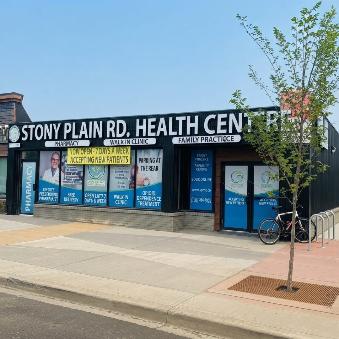 Exterior of Stony Plain Rd. Health Centre — pharmacy, walk-in clinic and family practice